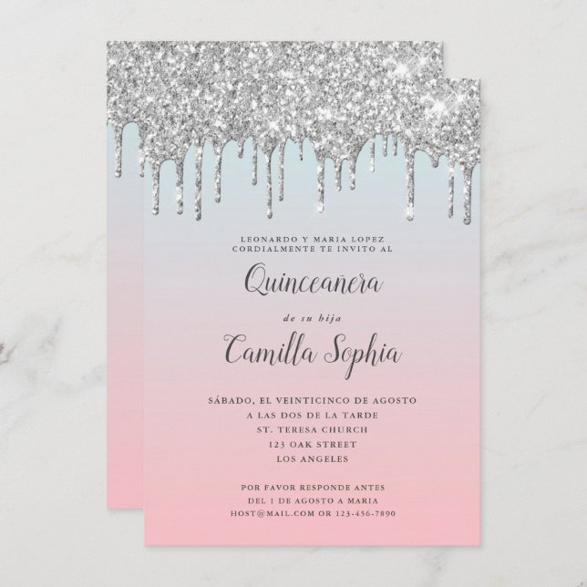 Convite Gradiente de Glitter Silve bonito Quinceañera Aniv (Frente/Verso)