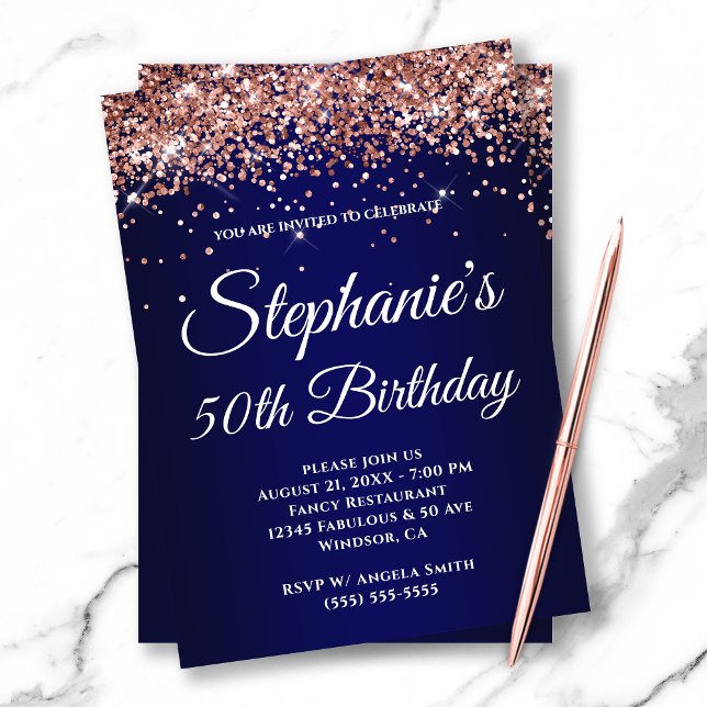 Convite Gradiente de Marinho brilhante Dourado com Rosa (Criador carregado)