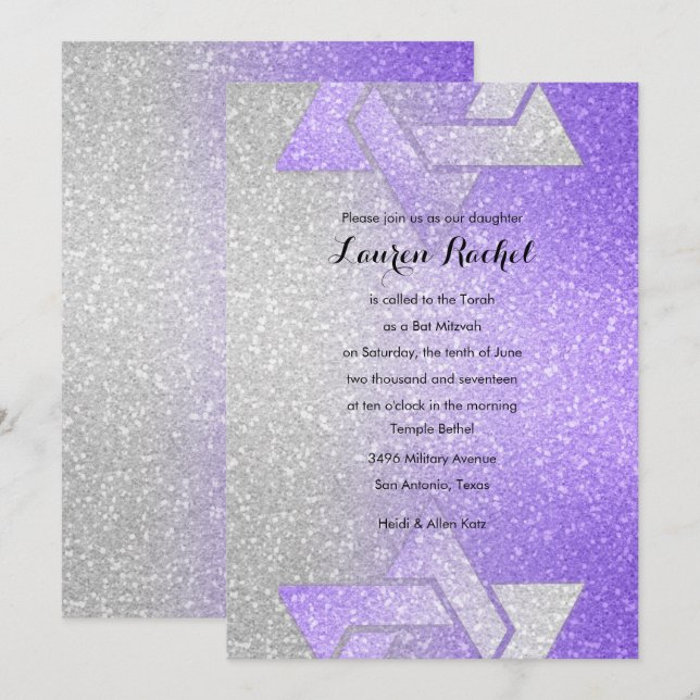Convite Gradiente Espelhado Bar Mitzvah Roxo (Frente/Verso)