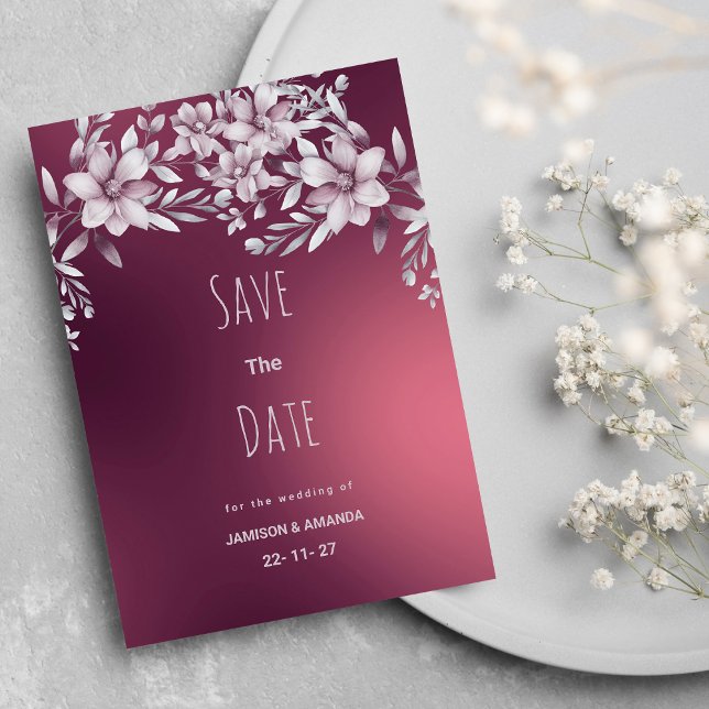 Convite Gradiente floral branco da Borgonha Salvar a Data (Burgundy white floral gradient Save The Date)