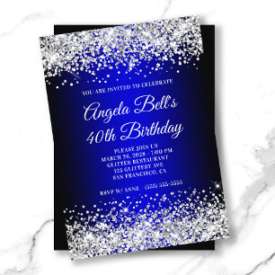 Convite Gradiente Preto Azul Brilho Prata 40º Aniversário