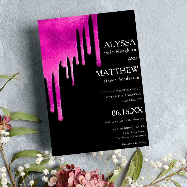 Convite Gradiente preto-claro-branco-neon goteja casamento (Neon pink black watercolor gradient drips wedding)