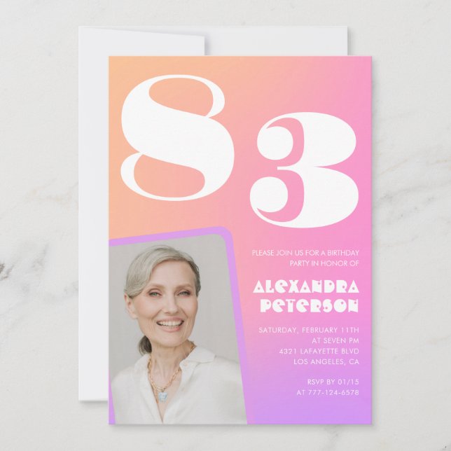 Convite Gradiente Retro Rosa Aniversário de 83 anos (Frente)