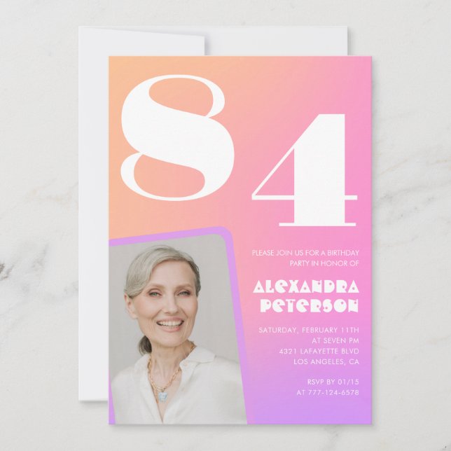 Convite Gradiente Retro Rosa Aniversário de 84 anos (Frente)