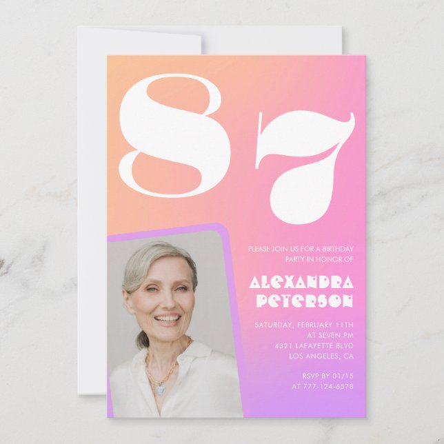 Convite Gradiente Retro Rosa Aniversário de 87 anos (Frente)