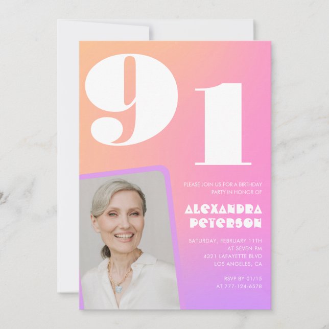 Convite Gradiente Retro Rosa aniversário de 91 anos (Frente)