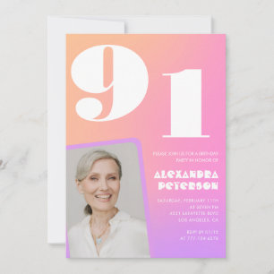 Convite Gradiente Retro Rosa aniversário de 91 anos