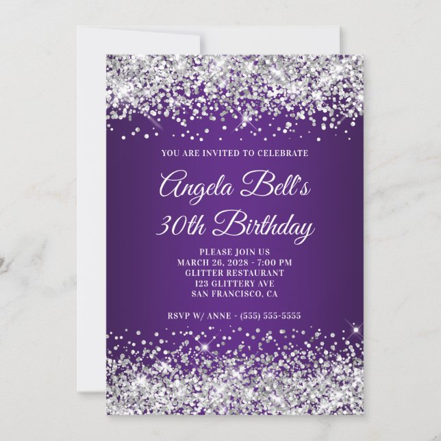 Convite Gradiente Roxo Real com Brilho Prateado Aniversári (Frente)