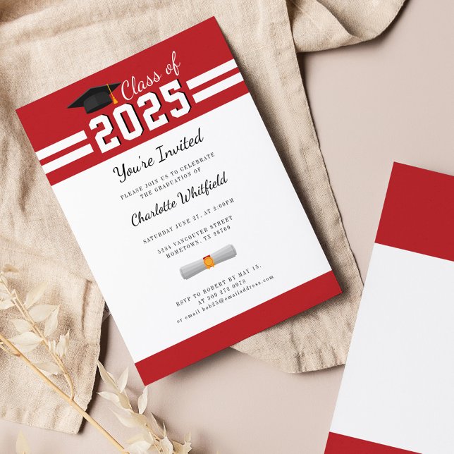 Convite Graduação 2025 Partido Red White Gard (Graduation 2025 Typography Party Red White Invitation)