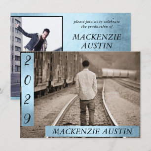 Convite Graduação 2 Foto   Azul Faux Keepsael Metálico