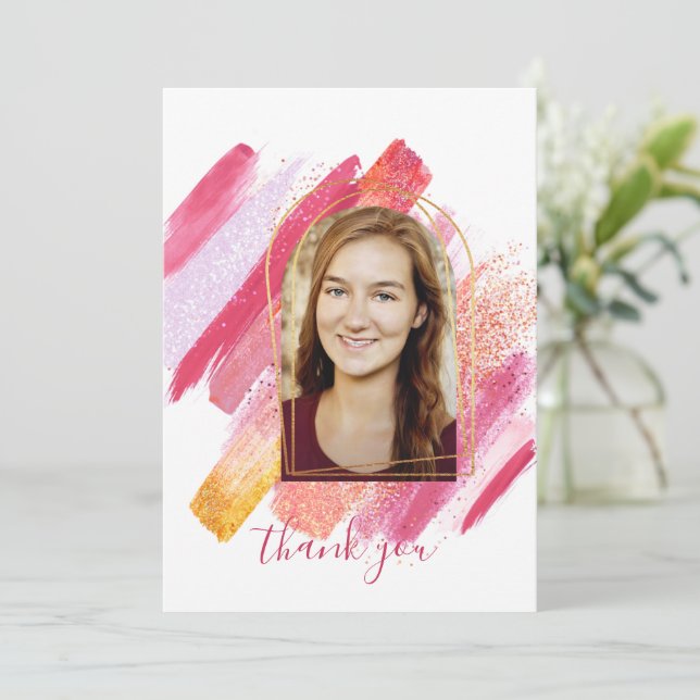 Convite Graduação Archada Rosa Moderna e Dourada Muito Obr (Em pé/Frente)