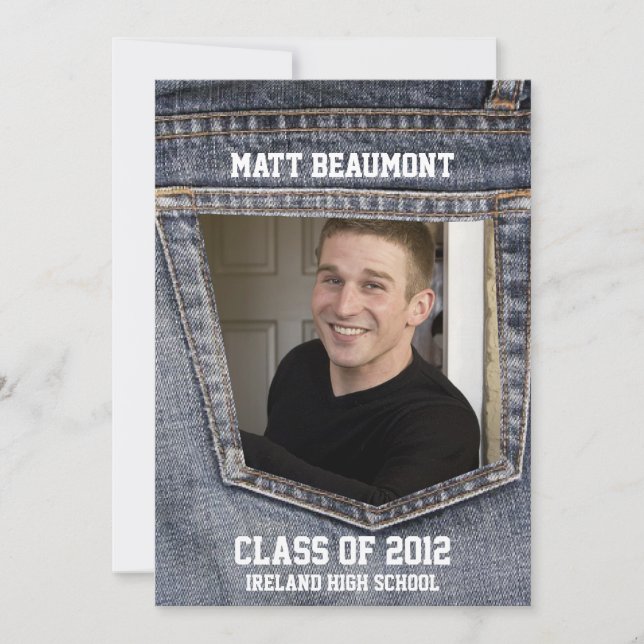 Convite Graduação azul da foto do bolso de Jean (Frente)