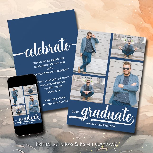 Convite Graduação Azul de Colagem de Fotos Moderna 4 (Modern 4 photo collage blue  graduation party invitations)