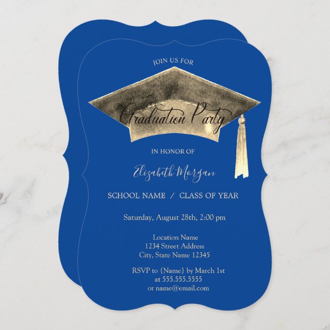 Convite Graduação Azul Tassel do Boné de formatura Dourado (Frente/Verso)