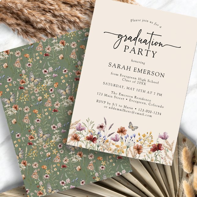 Convite Graduação Boho Verde Salvia (Sage Green Wildflower Boho Graduation Invitation with Butterfly by Painted Paperie
)