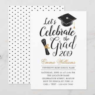 Convite Graduação Branca Negra de Tipografia Elegante Mode