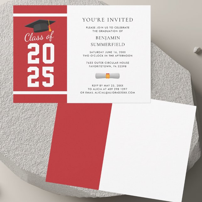 Convite Graduação Branca Simples Moderna 2025 (Modern Simple Red White Graduation 2025 Invitation)