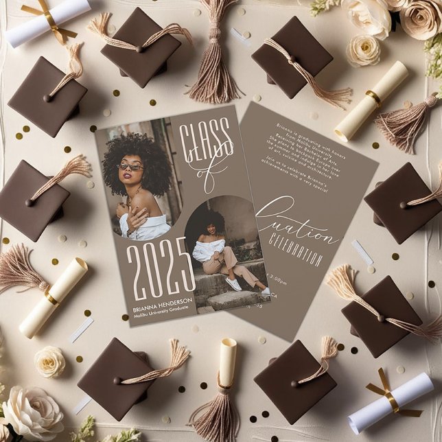 Convite Graduação castanha neutra com fotos gravadas (Neutral Brown Graduation Photo Invitation)