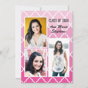 Convite Graduação Chic Moderna 3 Fotos Quatrefoil Rosa