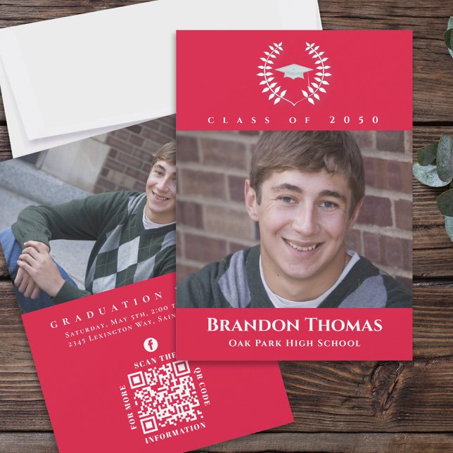 Convite Graduação Clássica Foto Crimson Red Laurel Folhas (Criador carregado)