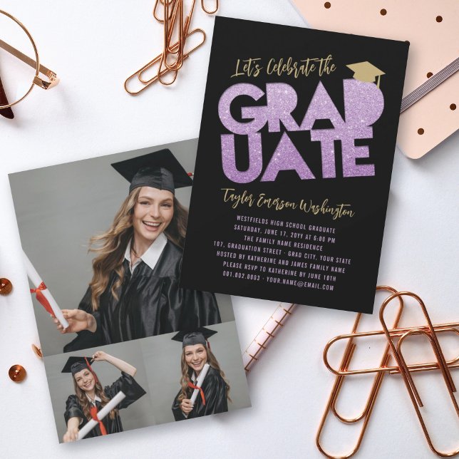 Convite Graduação com Corte de Glitter Roxo Festa de Forma (Criador carregado)