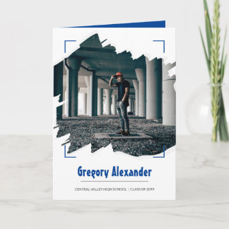 Convite Graduação com Foto de Traço de Pincel Abstrato Azu