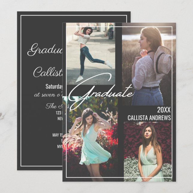 Convite Graduação com quadro preto simples e preto moderno (Frente/Verso)