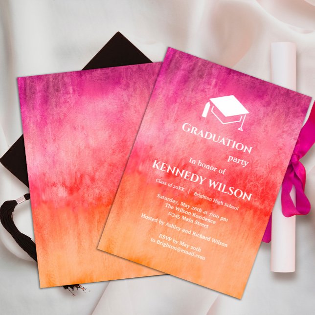 Convite Graduação Cor-de-Água Rosa Quente e Laranja (#brightandboldgraduationinvitation #springcolor #trendyinvitation)