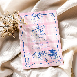 Convite Graduação Cor-de-Rosa e Azul Desenhada à Mão