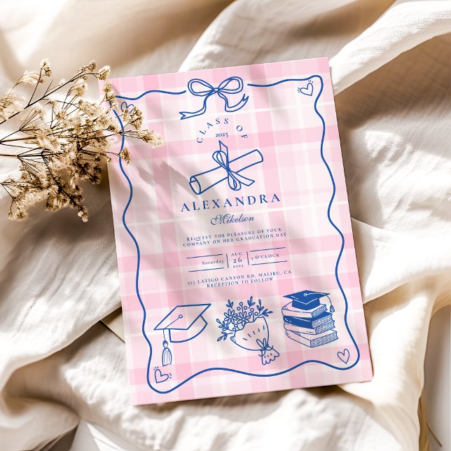Convite Graduação Cor-de-Rosa e Azul Desenhada à Mão (Criador carregado)