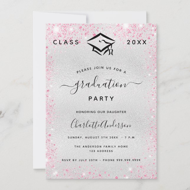 Convite Graduação, cor-de-rosa-prata, moderna (Frente)