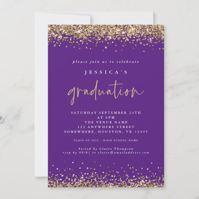 Convite Graduação da Elegant Purple Dourado Glitter 2024 (Frente)