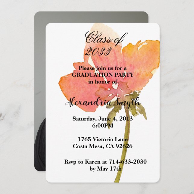 Convite Graduação da Flor Poppy Sua Foto (Frente/Verso)