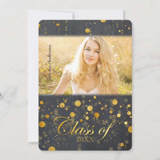 Convite Graduação da foto dos confetes da folha Dourado do (Frente)