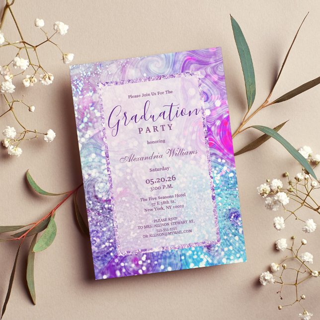 Convite Graduação da lavanda lilática lacrimal de chá (Teal lilac lavender marble glitter Graduation Invitation )