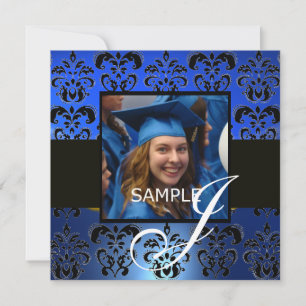 Convite GRADUAÇÃO DAMASCO MONOGRAMA , azul branco preto