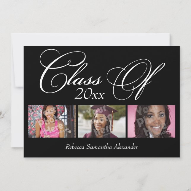 Convite Graduação de 3 Fotografias com Script Suave Preto (Frente)
