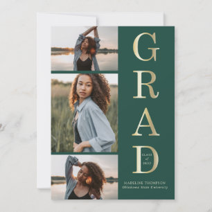 Convite Graduação de 3 Fotografias Dourada Verde Elegante 