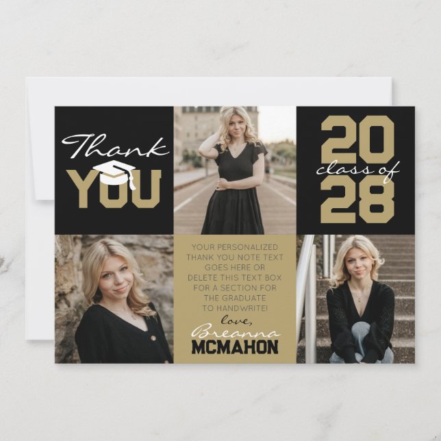 Convite Graduação de 3 Fotografias Douradas em Black & Bro (Frente)