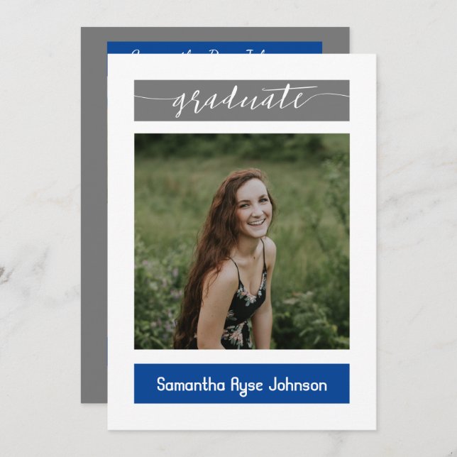 Convite Graduação de 3 Fotos do Blue Modern Block (Frente/Verso)