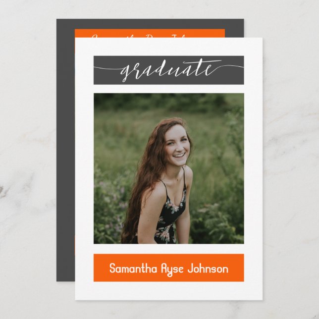 Convite Graduação de 3 Fotos do Orange Modern Block (Frente/Verso)