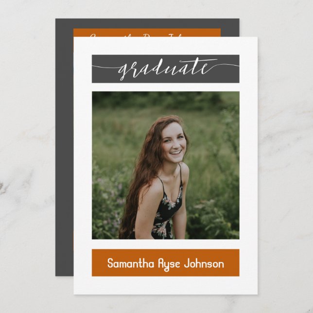 Convite Graduação de 3 Fotos por Bloco Moderno Laranja Que (Frente/Verso)