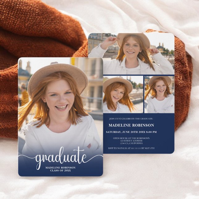 Convite Graduação de 4 Fotografias mínima de azul moderno (Modern Blue minimal 4-Photo script Graduation Invitation)