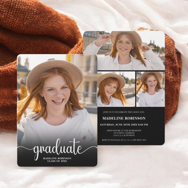 Convite Graduação de 4 Fotografias mínima para Preto Moder (Modern Black minimal 4 Photo script Graduation Invitation)