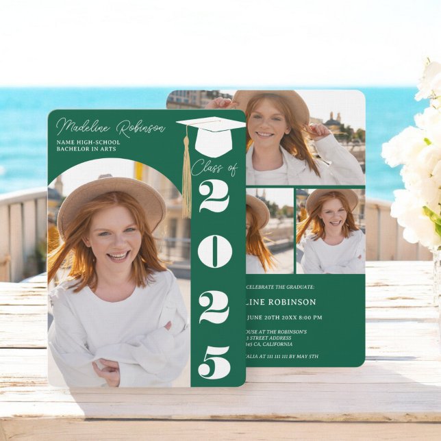 Convite Graduação de 4 fotos verdes da floresta moderna (Modern forest green chic 4 photos Graduation Invitation)