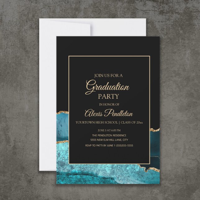 Convite Graduação de Agato de Mármore Dourado Preto Elegan (Teal and black marble/agate graduation party invitation)
