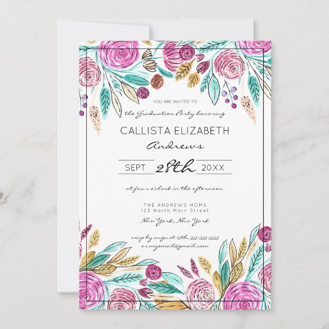 Convite Graduação de Aquarela Floral Teal Rosa Elegante (Frente)
