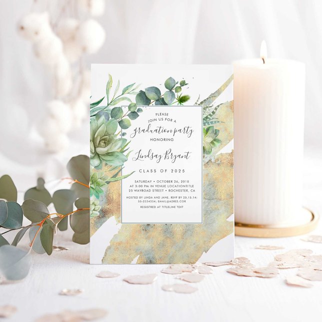 Convite Graduação de aquarelas Douradas de verde (Succulents Greenery Gold Graduation Party Invitations)