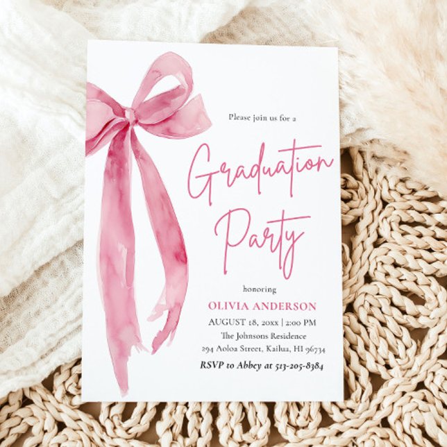 Convite Graduação de Arco rosa moderna Elegante Tendy Na m (Modern Elegant Trendy Stylish Pink Bow Graduation Invitation)