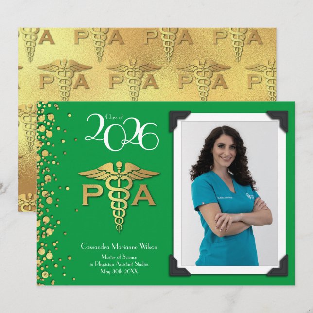 Convite Graduação de Assistente Médico AM Verde Dourado (Frente/Verso)